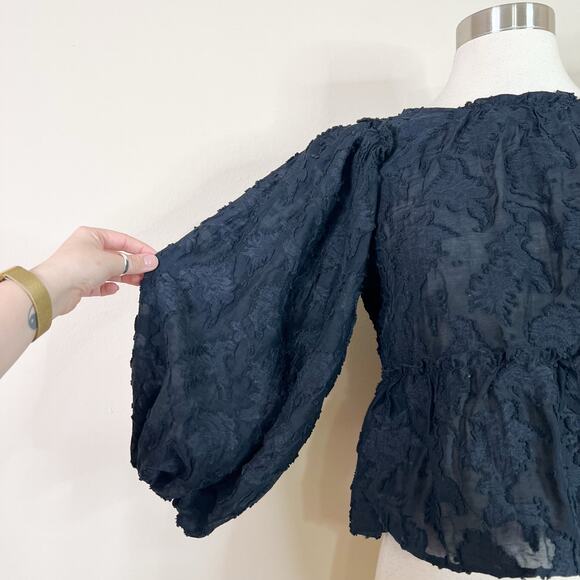 NEW Free People | Callie Puff Sleeve Flocked Open Tie Back Peplum Crop Top XS - Picture 5 of 12